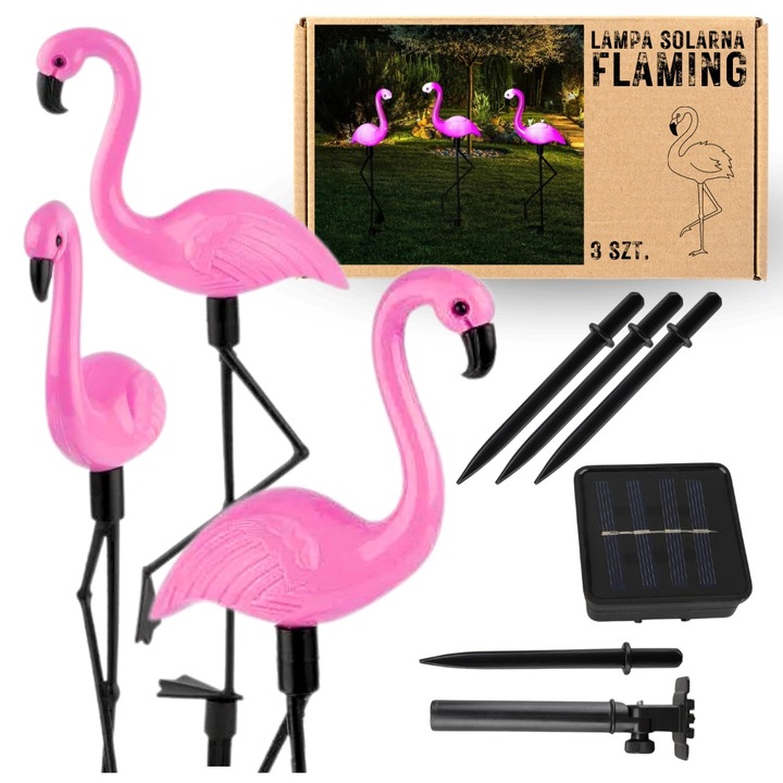 Set 3 Lampi Solare Flamingo LED, GoGarden, Senzor Crepuscular, Roz, 52.5cm