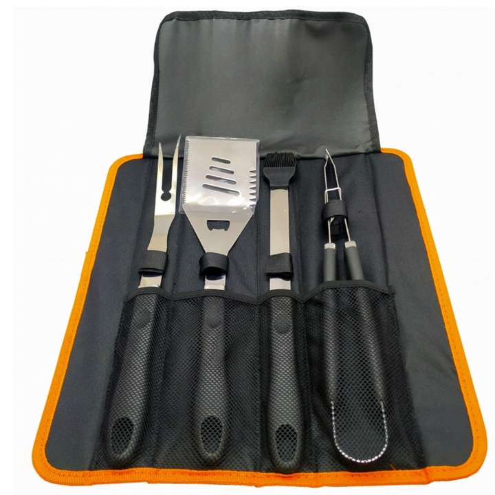 Set 4 ustensile gratar cu etui, GoGarden, Inox, Spatula, Cleste, Furculita, Pensula, 45x10x8cm, Negru/Argintiu