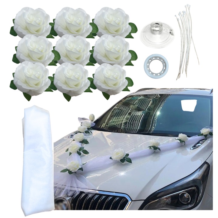 Decoratiuni auto pentru nunta, ZOLTA, flori albe, set 9 flori, 12 benzi de prindere, tul 160x45cm