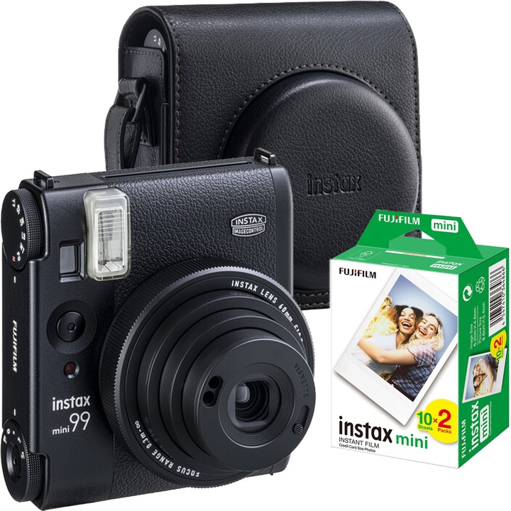 Комплект Фотоапарат за моментни снимки Fujifilm Mini 99 Black + Филм Instax Mini 2x10 + Калъф Mini 99 Black