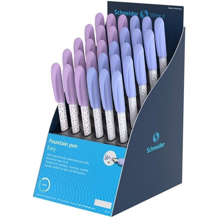 Set 30 stilouri Schneider, Easy M, cu varf din otel inoxidabil, albastru/mov