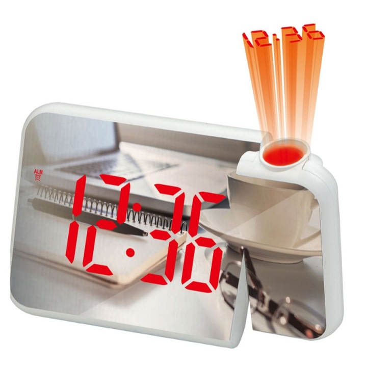 Ceas desteptator cu proiectie pe tavan, AMRINUGL, termometru si higrometru, incarcator USB, alb, 3''