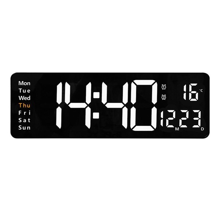 Ceas de perete digital Cozevdnt, 16 inch, alb, cu functii multiple, display HD, alimentare USB si baterie de rezerva
