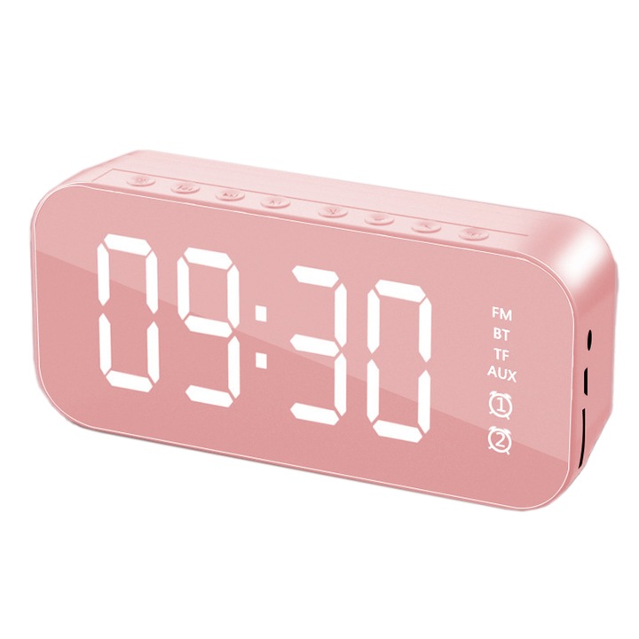 Ceas de masa, Cozevdnt, LED, Difuzor Bluetooth, 17.8 x 8 cm, Roz