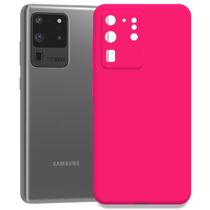 Husa pentru Samsung Galaxy S20 Ultra, Color Shield, Interior de catifea, Suprafata aderenta, Protectie antisoc, Margini ridicate, Regular Fit, Silicon, Roz neon