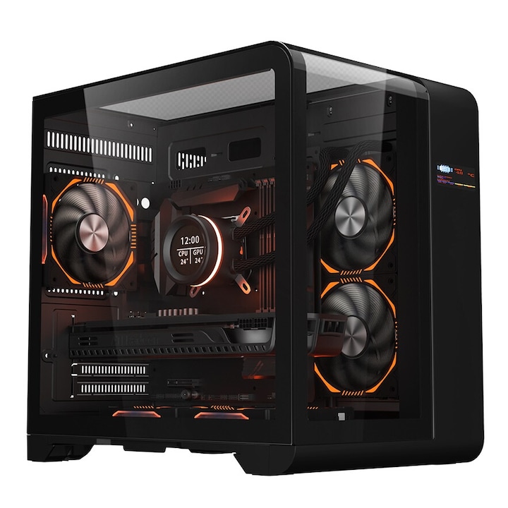 1stPLAYER® Gaming RT5-Bk кутия, цифров дисплей, aRGB, Cube-Tower, Micro-ATX без захранване, черен цвят