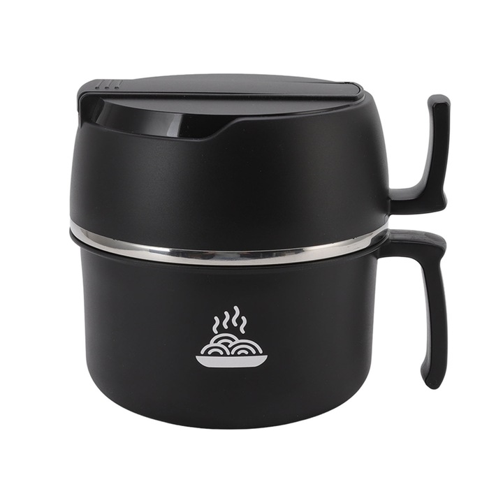 Jormftte rozsdamentes acél tál, szett fedővel, villával és kanállal, nagy kapacitású, kétrétegű kivitel, fekete