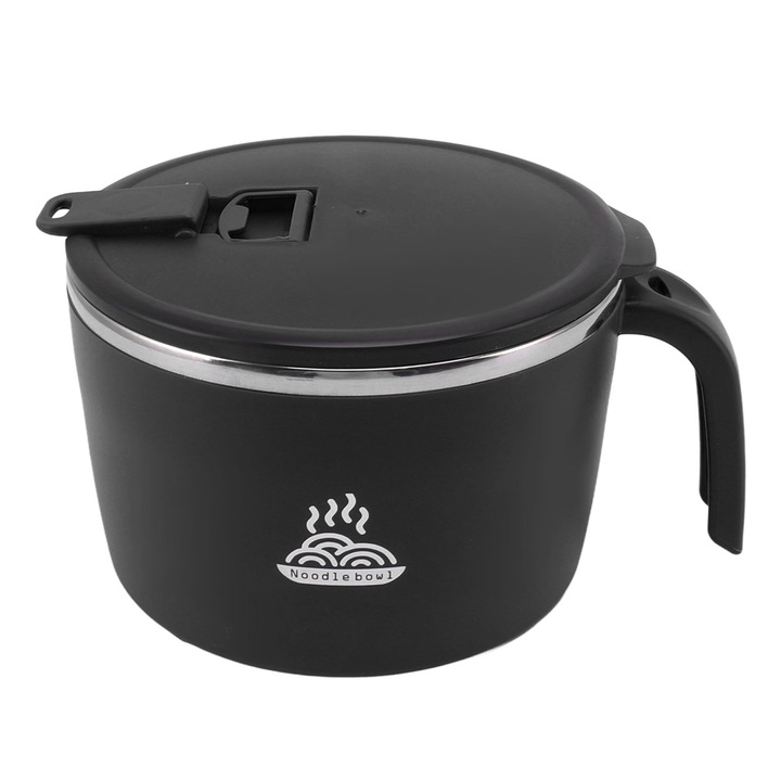 Instant tésztás tál telefontartóval, Jormftte, 1300 ml űrtartalom, hőszigetelő kialakítás, fekete