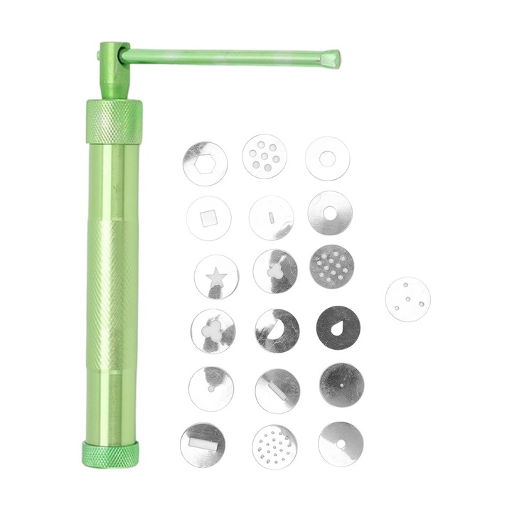 Extruder pentru pasta de zahar Bizaical, set ustensile de decorare prajituri, 19x accesorii decorative, otel inoxidabil, 16.5cm