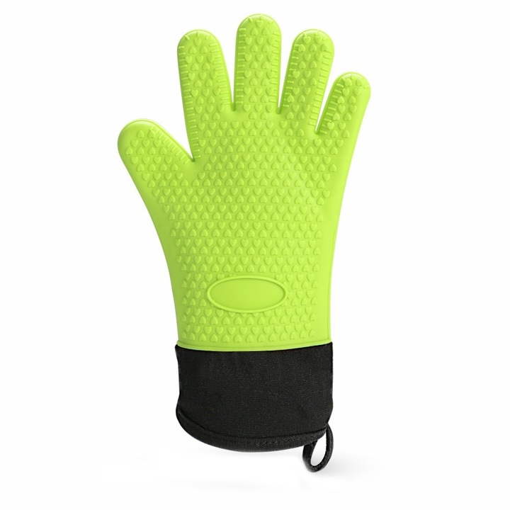 Jormftte konyhai kesztyű, hőálló szilikon, hosszú kivitel, zöld, pamut belső