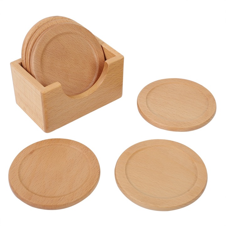 Jormftte 6 darabos bükkfa poháralátét készlet, vintage design, vízálló, csúszásmentes