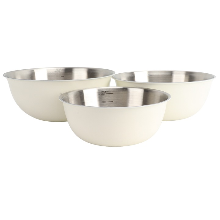 3 db Jormftte 304 rozsdamentes acél tálkészlet, egymásra rakható kialakítás, fényes felület, krémfehér