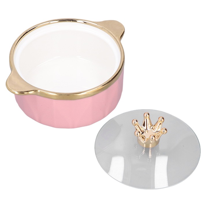 Kerámia tál fedővel és fogantyúkkal, Jormftte, elegáns design, arany perem, rózsaszín, nagy kapacitás