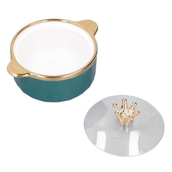 Kerámia tál fedővel és fogantyúkkal, Jormftte, elegáns design, arany perem, 30x15cm