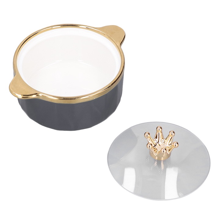 Kerámia tál fedővel és fogantyúkkal, Jormftte, elegáns design, arany perem, 30x15cm