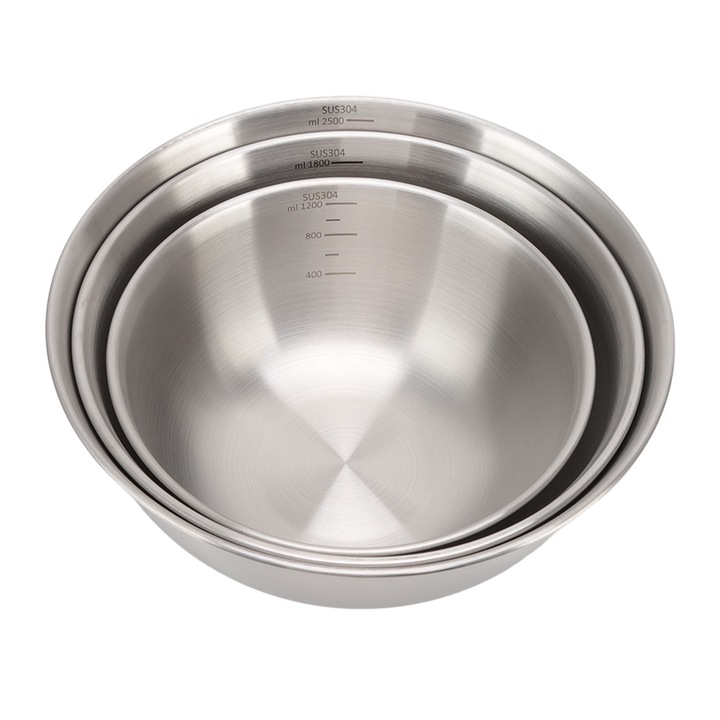 3 db-os salátástál készlet 304 rozsdamentes acélból, egymásra rakható kialakítás, könnyen tisztítható, ezüst