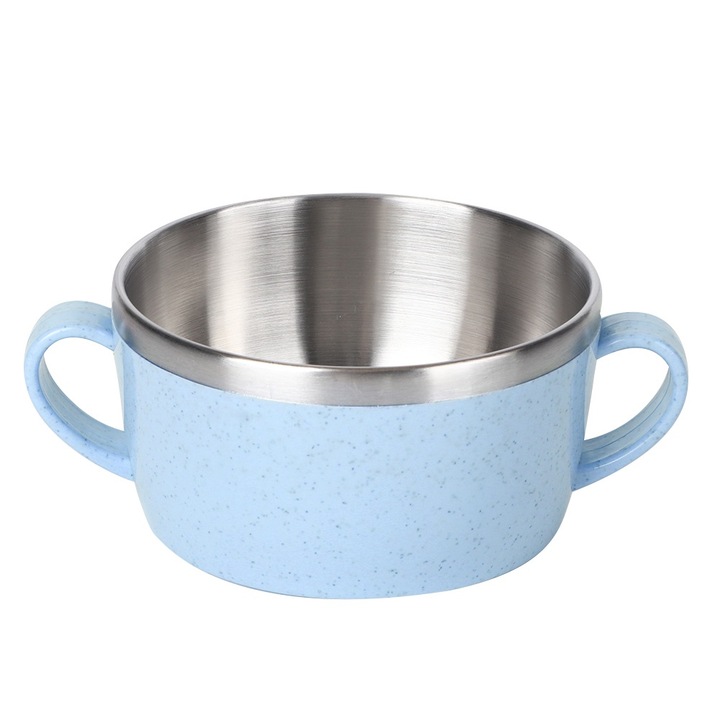 Jormftte bébi etetőtál, 304 rozsdamentes acél, hőálló, égésgátló fogantyúval, kék