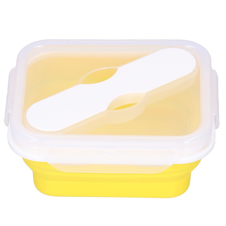 Jormftte ételtartó doboz, szilikon, sárga, 600 ml, összecsukható, beépített villával és kanállal