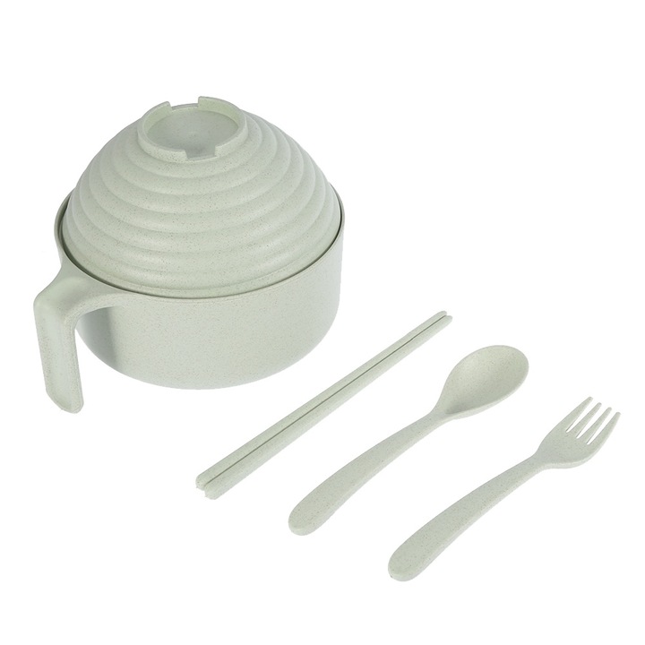 Búzából készült tálkészlet evőpálcikákkal, villával, kanállal, zöld