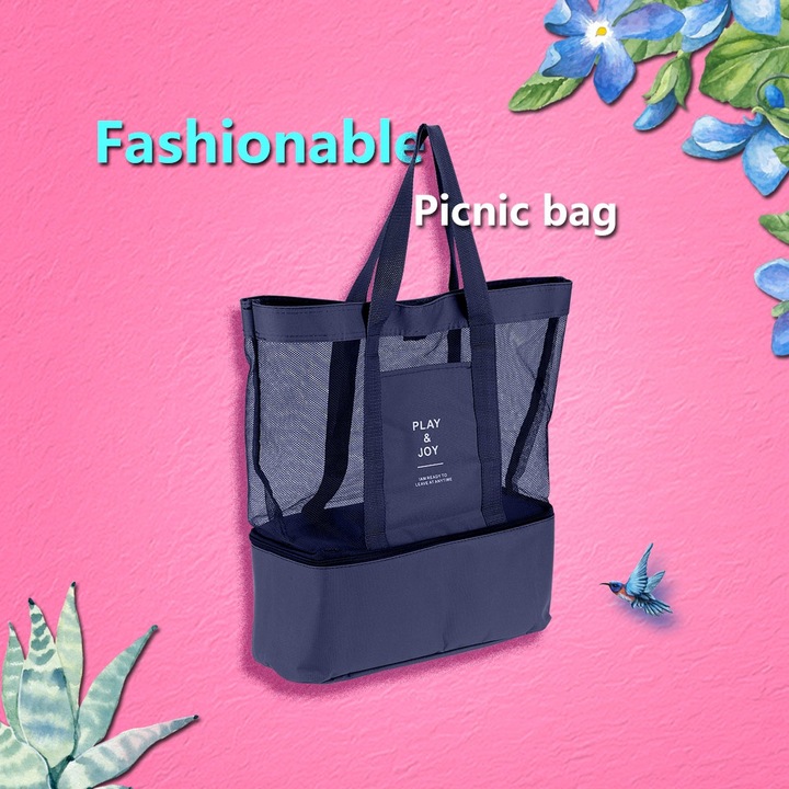 Geanta termo-izolanta pentru picnic, longziming, cu doua straturi, impermeabila, albastru inchis