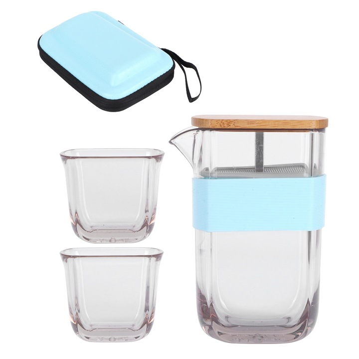 Jormftte hordozható teáskészlet, 230ml, teáskannával és 2 csészével, tárolódobozzal együtt, átlátszó/kék