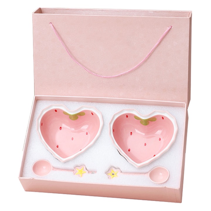 Boluri Jormftte szett, kerámia, szív alakú, eper minta, rózsaszín, 2 tál, 2 kanál