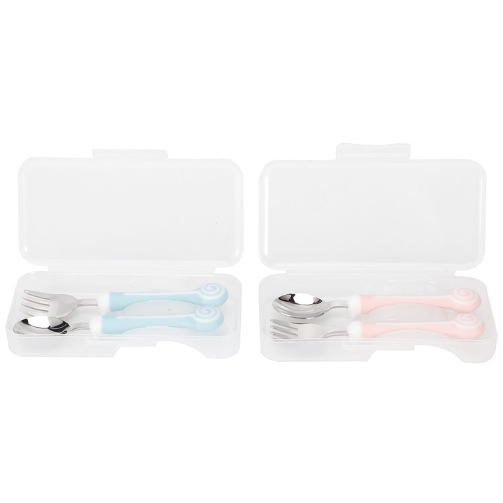 Rozsdamentes acél bébi kanál és villa szett, kék/rózsaszín utazótáskával