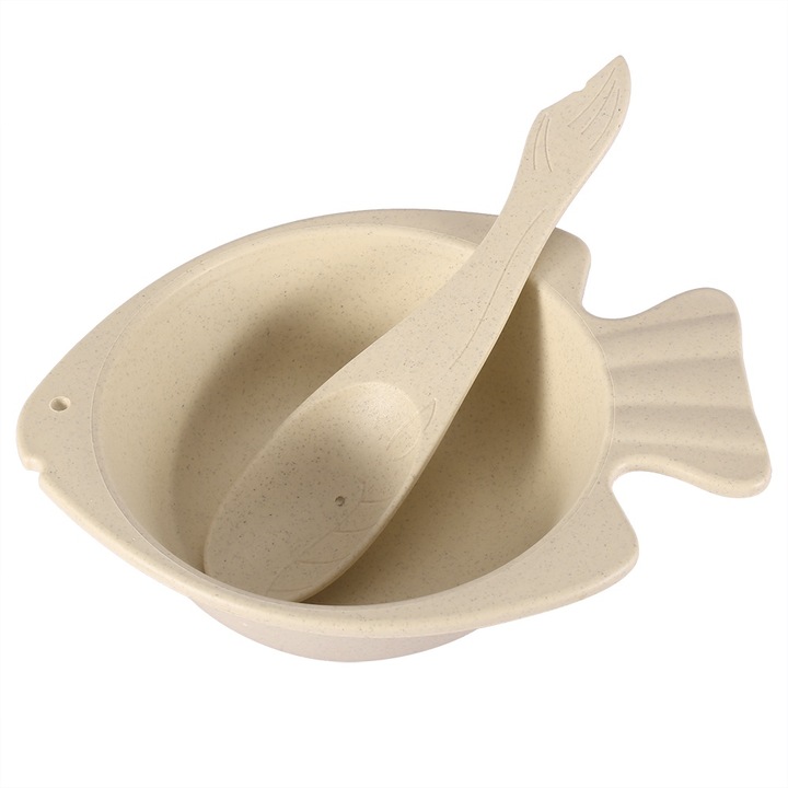 Jormftte hal alakú búzaszalma tál kanállal, bézs, babakészlet