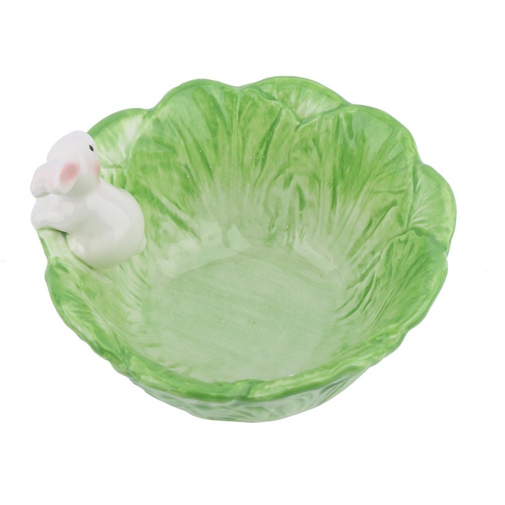 Jormftte salátástál, kerámia, zöldséges forma, nyúldísz, zöld, gyerekeknek