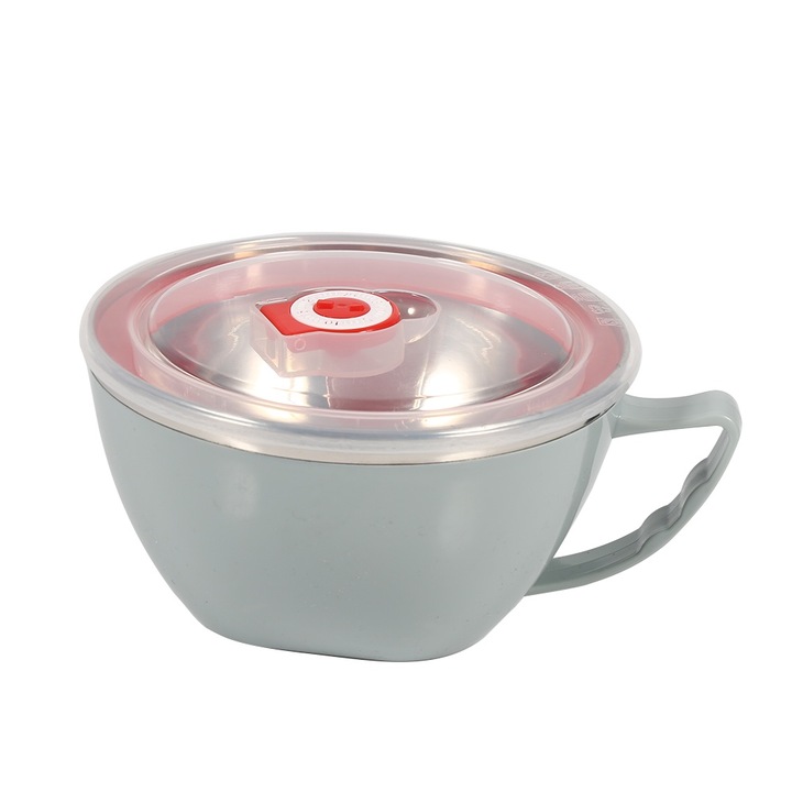 Jormftte, 900 ml-es, kék, multifunkcionális, rozsdamentes acél tál fogantyúval, dupla hőszigeteléssel, átlátszó fedéllel