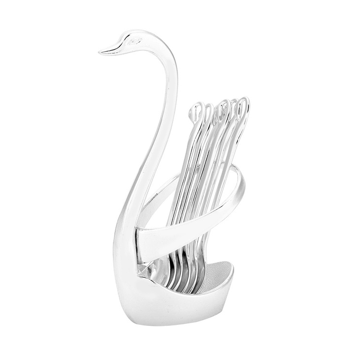 Elegáns villa- és kanáltartó, Jormftte, hattyú alakú design, 6 kanál, rozsdamentes acél, ezüst