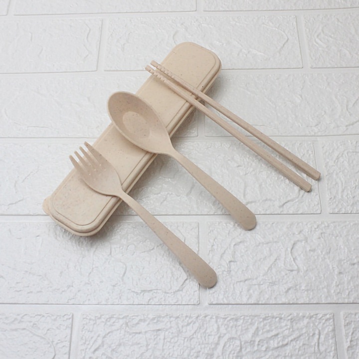 Jormftte búzaszalma evőeszköz készlet, 3 darabos, hordozható, dobozzal, bézs