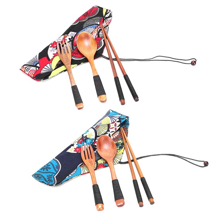 Jormftte fa evőeszközkészlet, textil tartóval, ergonomikus kialakítás, kempingezéshez és utazáshoz