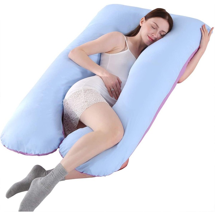 Perna in forma de U pentru gravide, Bizaical, poliester, 70x130cm, mov/albastru
