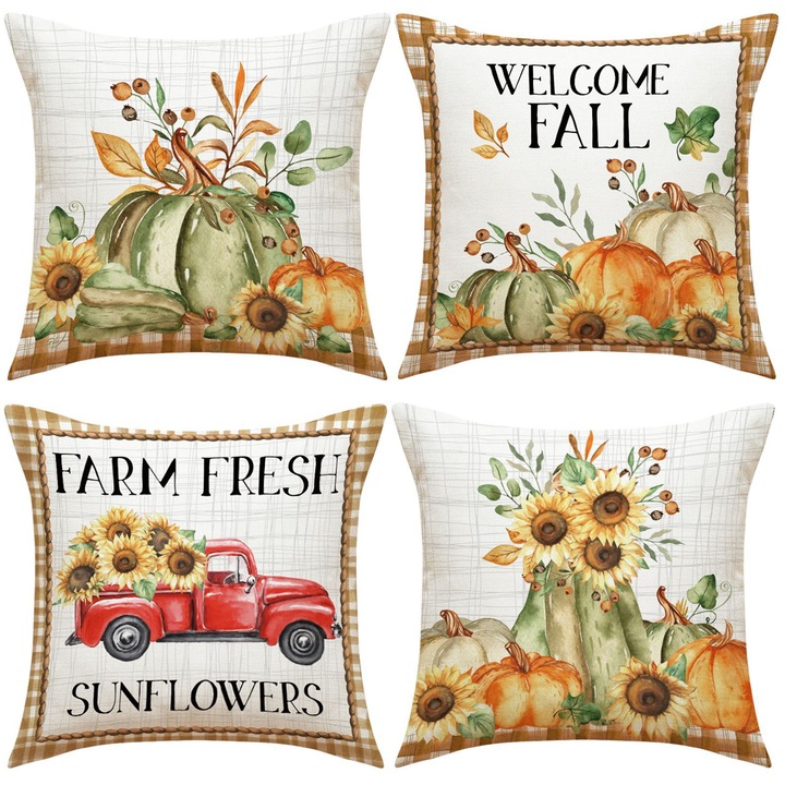 Set 4 huse de perna 18x18 inch, Enforose, poliester, fermecatoare, decor rustic