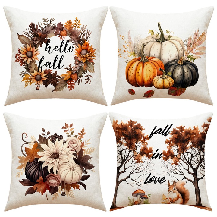 Husa de perna cu frunze de artar, Enforose, material de in, imprimeu pe o singura parte, fermoar invizibil, 45x45cm