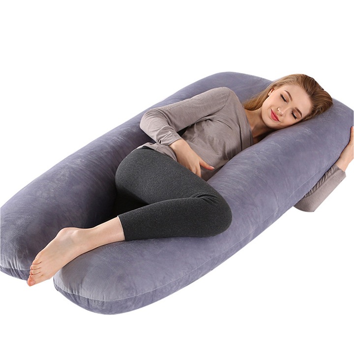 Perna gravide multifunctionala U-shape gri 140x80cm