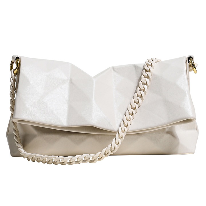 Női válltáska, Longziming, geometrikus mintás, nagy kapacitású, fehér, 14x31x45cm