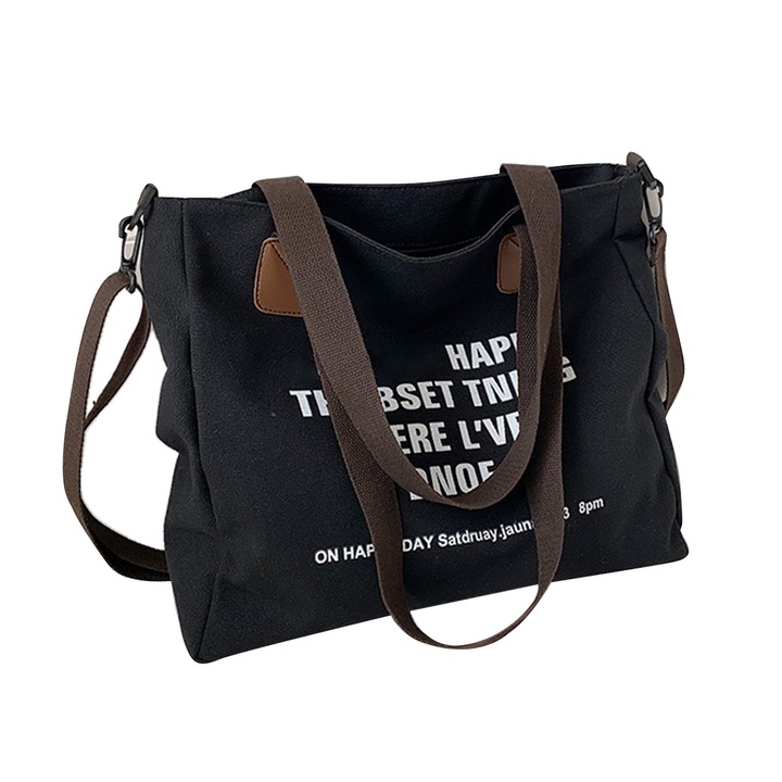 Longziming női válltáska, nagy kapacitású, szöveges nyomat, fekete, 14x31x45cm