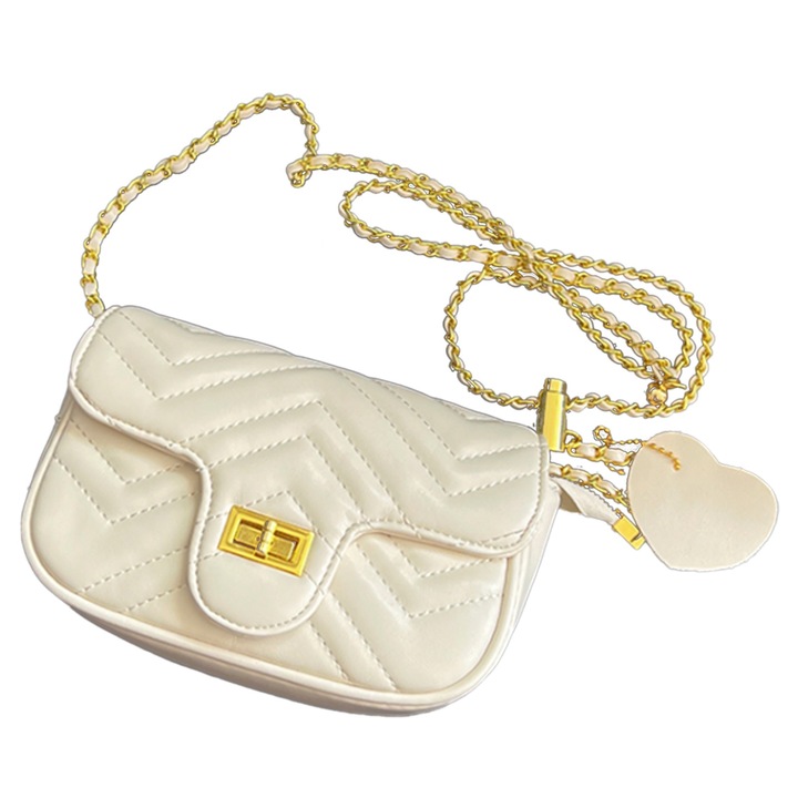Válltáska lánccal, Longziming, poliuretán, fehér/arany