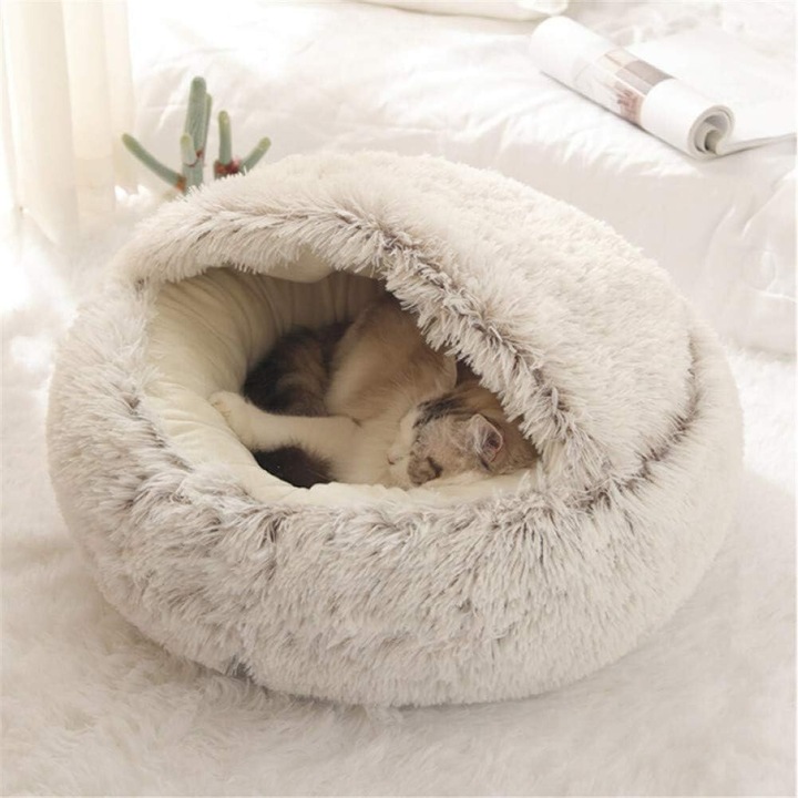 Легло за котки и малки кучета, AMRINUGL, кръгла форма, меко, с капак, удобно, бежово, 50x50см