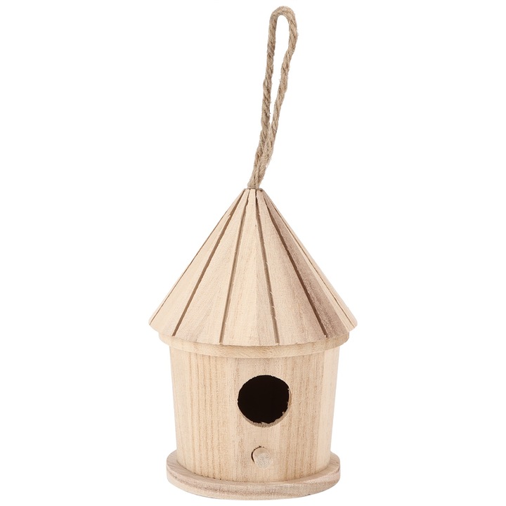 Casuta pentru pasari din lemn natural, AMRINUGL, design rotund, decorativ, 20x20x25cm