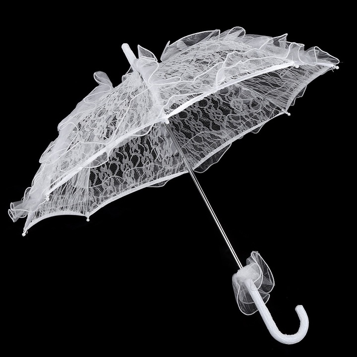 Бял дантелен чадър, сгъваем, с метална стойка, 57x58 см