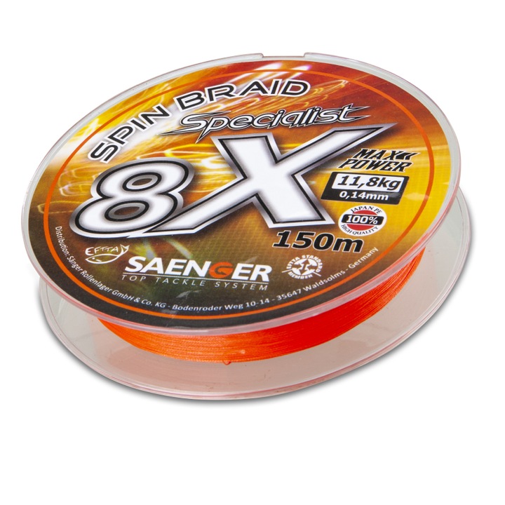 Влакно за риболов Saenger 8X Specialist Spin Braid, 150м, 0,14мм, оранжево, капацитет 11,8кг