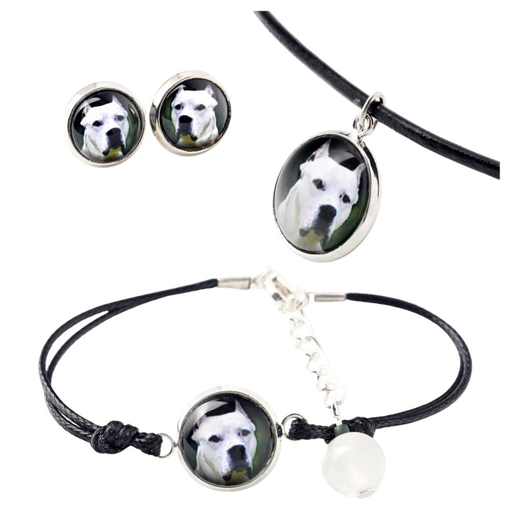Set colier, bratara si cercei Art-Dog, cu pandantiv Dogo Argentino, multicolor