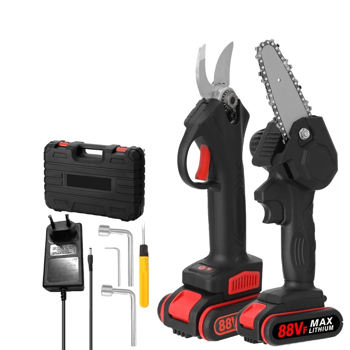 Láncfűrész készlet elektromos vágóollóval, 800 W, 21 V 6000 mAh, fűrészlap hossza 4 hüvelyk, vágás 0-30 mm, EU csatlakozó