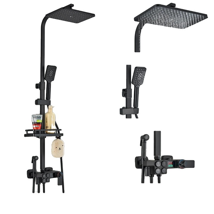 Set dus, design contemporan, finisaj din alama, negru mat, cu cap de dus ABS si suport pentru stocare