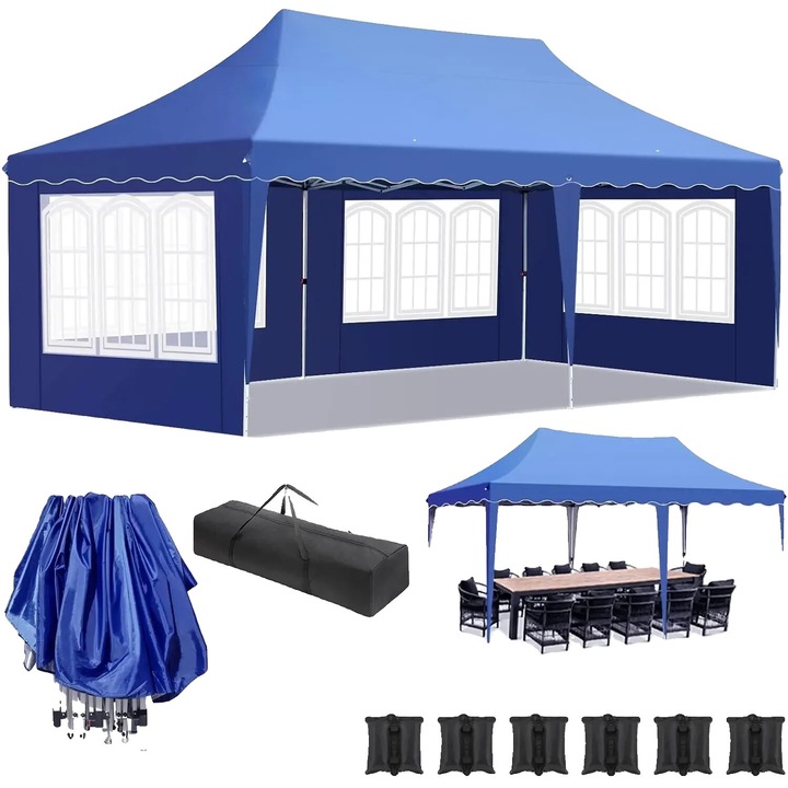 Pavilion pop-up rezistent la apa, protectie UV, montaj usor, albastru, 3x6m, set cu geanta transport