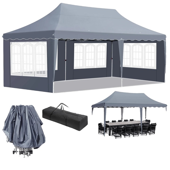 Pavilion pop-up 3m x 6m, impermeabil, protectie UV, montare usoara, gri inchis, set cu 4 laturi