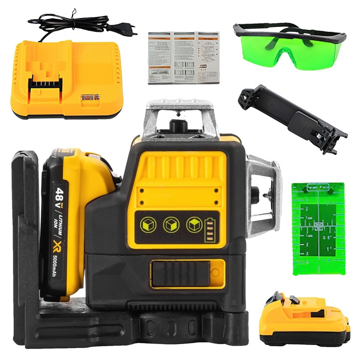 Nivel cu laser, precizie +/-1mm, verde, -40-45 C, set cu incarcator EU, ochelari, suport